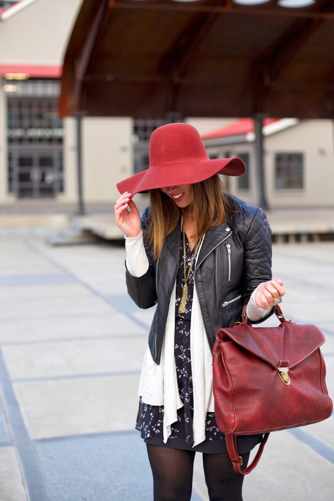 To Vogue or Bust in H&M floppy hat, Walter Baker leather jacket, Left on Houston grey cardigan, Club Monaco floral shirtdress, Zara booties, Roots bag, Loft necklace, Social Experiment ring, alexandra grant, vancouver style blog, vancouver fashion blog, vancouver style, canadian fashion blog