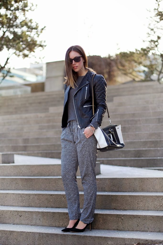 To Vogue or Bust in Walter Baker leather jacket, Joe Fresh cashmere crewneck sweater, Scotch and Soda printed pants, J.Crew Everly heels, Roots Canada leather bag