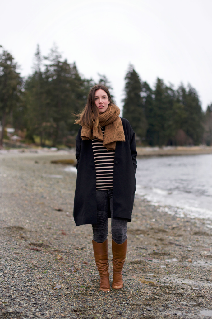 To Vogue or Bust in Oak + Fort black coat, Forever 21 striped shirt, James Jeans moto skinny jeans, Sole Society Carolyn boots, Zara knit scarf, vancouver style, vancouver fashion, vancouver style blog, vancouver fashion blog, canadian fashion blog, alexandra grant