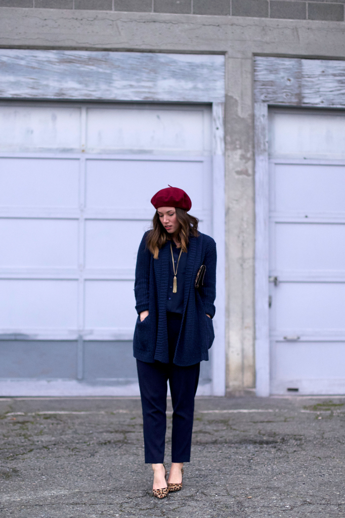 To Vogue or Bust | The Navy, american apparel beret, old navy sweater, obakki coat, joe fresh silk blouse, loft necklace, aritzia pants, sole society france leopard pumps, club monaco leopard clutch, vancouver style blog, vancouver fashion blog, vancouver fashion, vancouver style, canadian fashion blog, alexandra grant