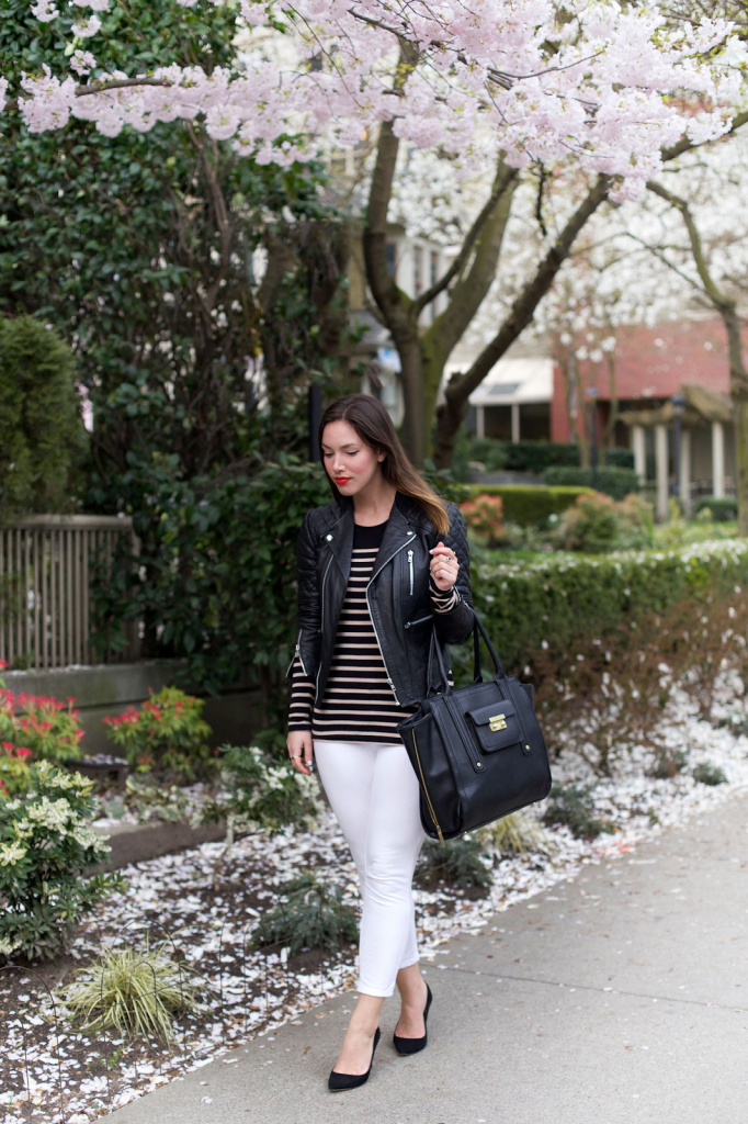 to vogue or bust, vancouver style blog, vancouver fashion blog, vancouver fashion, canadian fashion blog, alexandra grant, classic style, styling white denim for spring, forever 21 shirt, joe fresh jeans, walter baker leather jacket, j.crew everly heels, 3.1 phillip lim for target bag, how to do a cat eye, mandarin lipstick