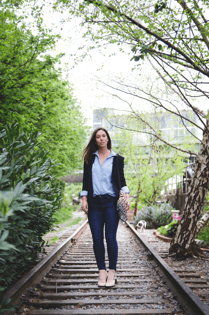 to vogue or bust, vancouver style blog, vancouver fashion blog, vancouver fashion, canadian fashion blog, alexandra grant, james jeans twiggy jeans, old navy chambray shirt, club monaco blazer, club monaco silk scarf, zara rose suede booties, zara purse, brooklyn designs ring, xo veronika necklace, spring style, denim on denim, canadian tuxedo