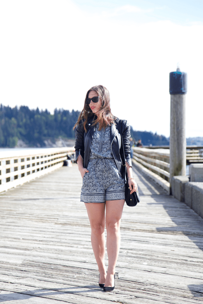 to vogue or bust, vancouver style blog, vancouver fashion blog, vancouver fashion, canadian fashion blog, alexandra grant, how to style a romper, spring style, loft romper, j.crew heels, 3.1 phillip lim bag for target, watler baker leather jacket, brooklyn designs jewelry
