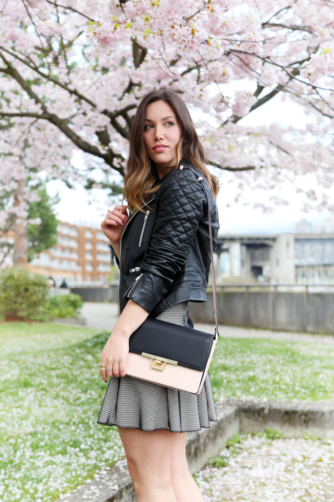 to vogue or bust, vancouver style blog, vancouver fashion blog, vancouver fashion, vancouver style, canadian fashion blog, alexandra grant, robson street, zara booties, zara mesh dress, zara pastel pink bag, walter baker leather jacket, kv bijou ring, brookyn designs ring, spring style, pastel pink for spring