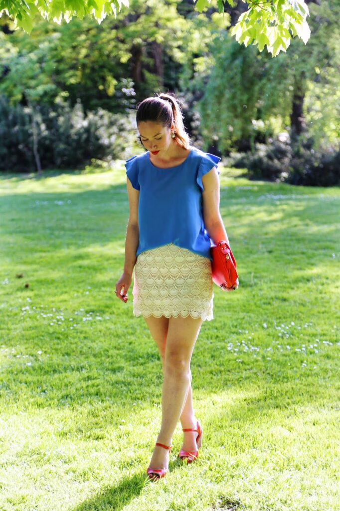 to vogue or bust, vancouver style blog, vancouver fashion blog, vancouver fashion, canadian fashion blog, alexandra grant, joe fresh blue top, club monaco lace cream skirt, miz mooz heels, plenty bag, sole society earrings, spring style