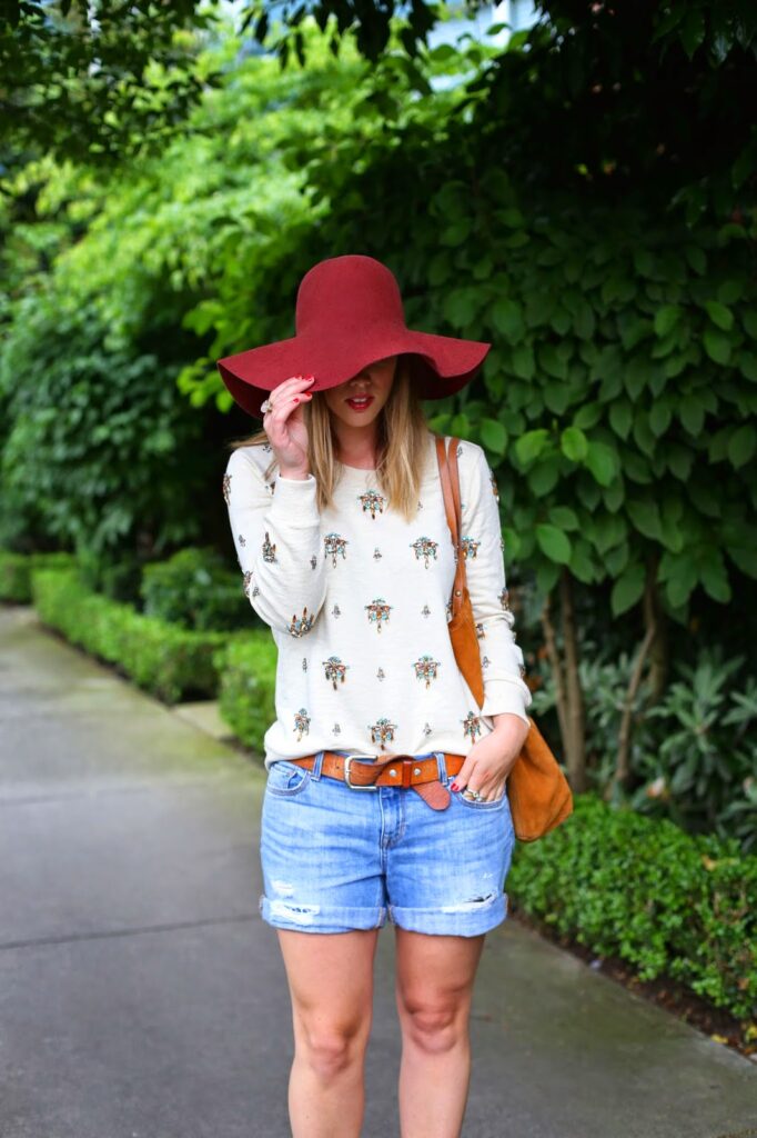 to vogue or bust, vancouver style blog, vancouver fashion blog, vancouver fashion, canadian fashion blog, alexandra grant, j.crew event, j.crew sweater, gap boyfriend denim shorts, sole society france pumps, massimo dutti tote, h and m hat, floppy hat, casual spring style