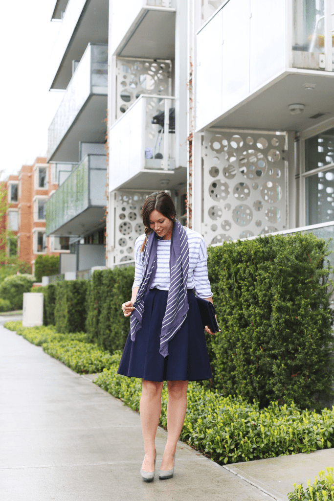 to vogue or bust, vancouver style blog, vancouver fashion blog, vancouver fashion, canadian fashion blog, alexandra grant, obakki skirt, 424 fifth sweater, club monaco scarf, michael kors heels, vintage bag, stripes on stripes, mixing stripes