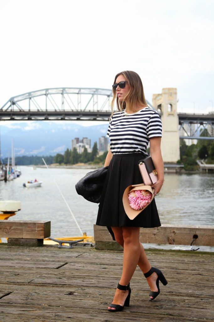 to vogue or bust, vancouver style blog, vancouver fashion blog, vancouver fashion, vancouver style, canadian fashion blog, alexandra grant, canadian style blog, parisian chic, how to dress like a parisian, striped h and m top, black obakki skirt, black h and m ankle strap heels, walter baker leather jacket, zara rose pink color block clutch, what to wear to the market, stylish market outfit, paris style, layering for the summer