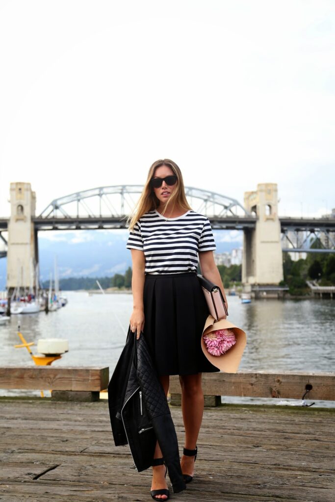 to vogue or bust, vancouver style blog, vancouver fashion blog, vancouver fashion, vancouver style, canadian fashion blog, alexandra grant, canadian style blog, parisian chic, how to dress like a parisian, striped h and m top, black obakki skirt, black h and m ankle strap heels, walter baker leather jacket, zara rose pink color block clutch, what to wear to the market, stylish market outfit, paris style, layering for the summer