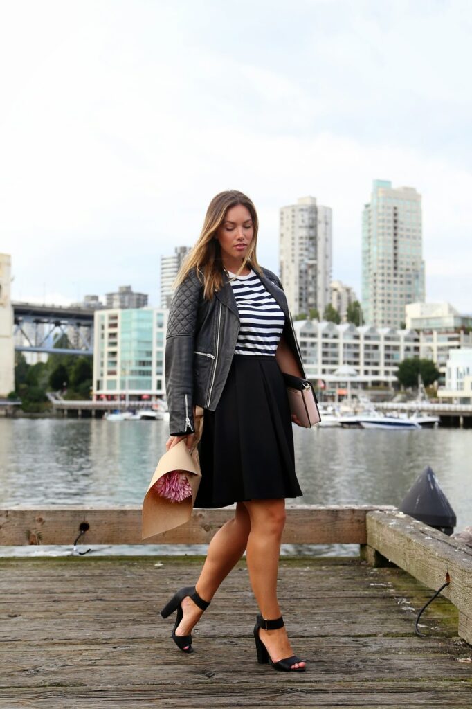to vogue or bust, vancouver style blog, vancouver fashion blog, vancouver fashion, vancouver style, canadian fashion blog, alexandra grant, canadian style blog, parisian chic, how to dress like a parisian, striped h and m top, black obakki skirt, black h and m ankle strap heels, walter baker leather jacket, zara rose pink color block clutch, what to wear to the market, stylish market outfit, paris style, layering for the summer