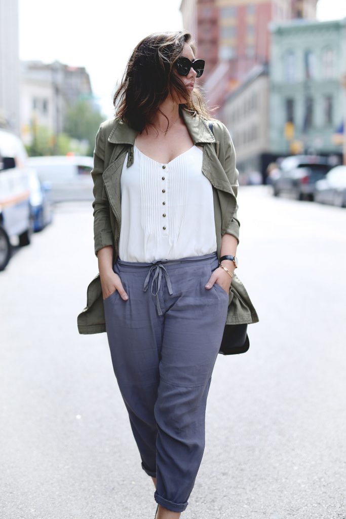 Aritzia silk pants, delicate camisole, utility jacket