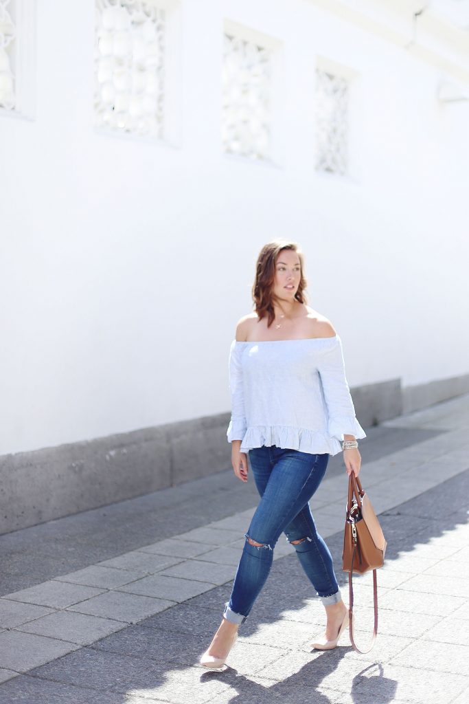 Skinny distressed jeans, off-the-shoulder top, Aritzia leather bag