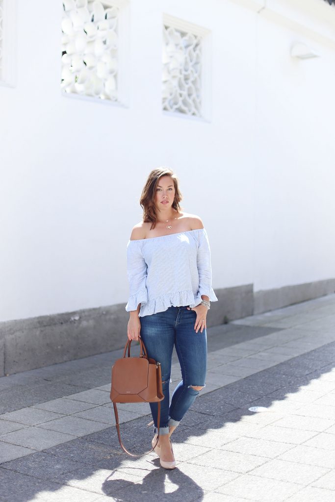 Sanctary clothing shirt, Mavi jeans, Aritzia Bega bag