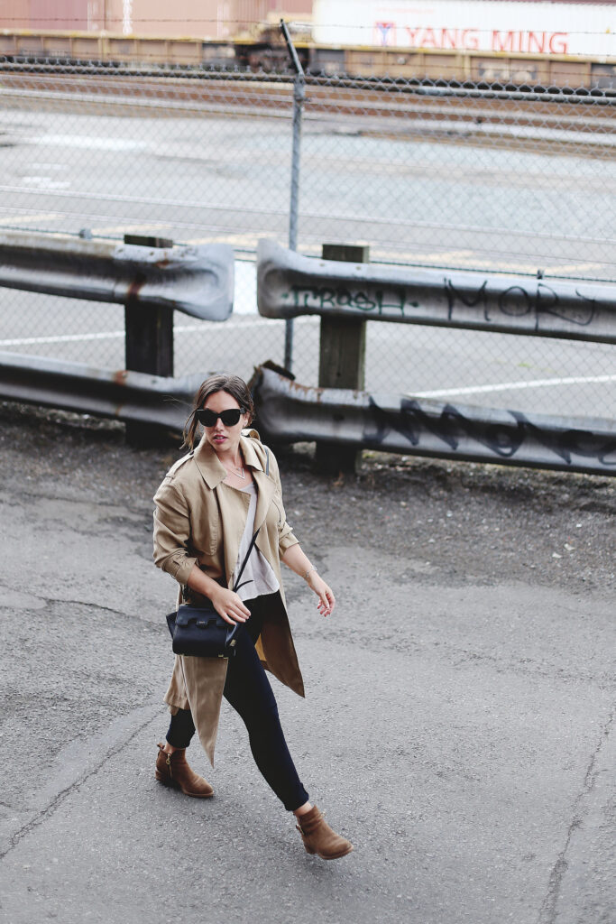 Camel trench coat, silk Aritzia shirt, black skinny jeans, ankle boots