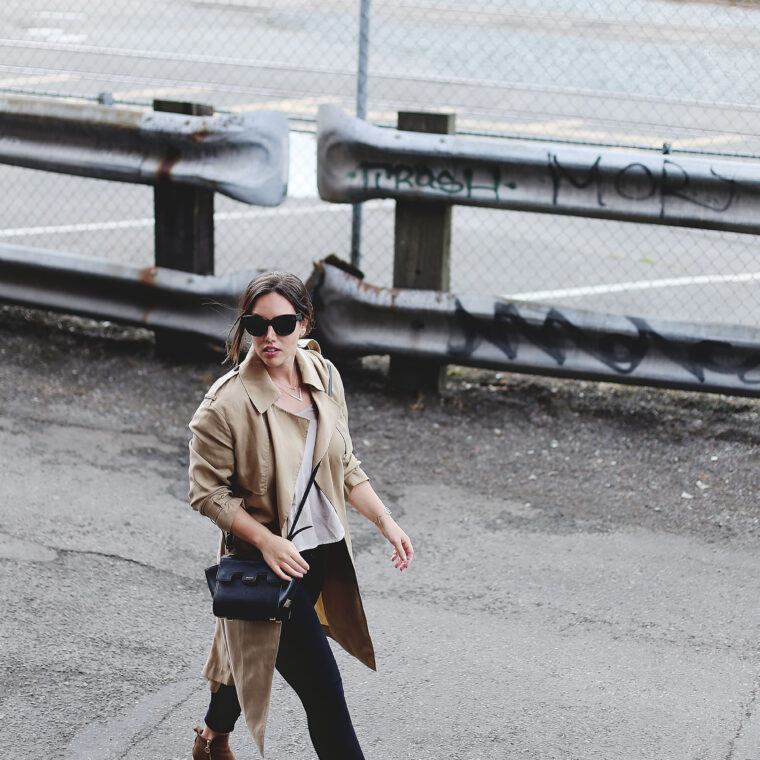 Camel trench coat, silk Aritzia shirt, black skinny jeans, ankle boots