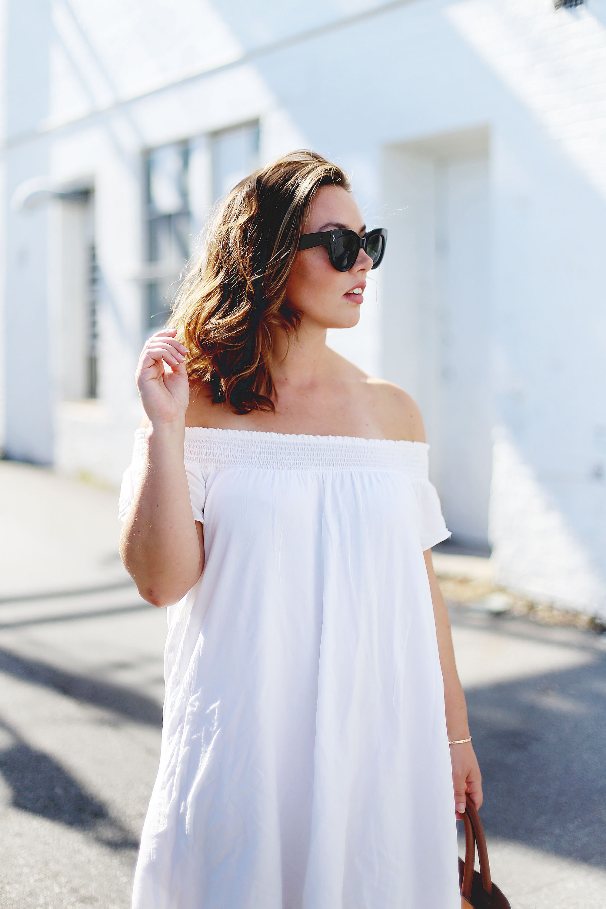 Off the shoulder dress styling