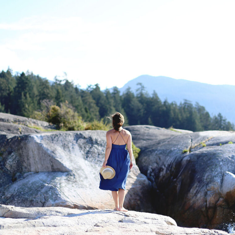 To Vogue or Bust wearing Wilfred by Aritzia dress at Lighthouse Park, Vancouver, Canada