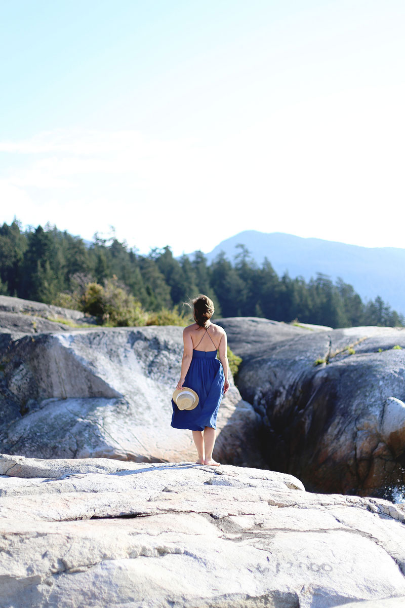 To Vogue or Bust wearing Wilfred by Aritzia dress at Lighthouse Park, Vancouver, Canada