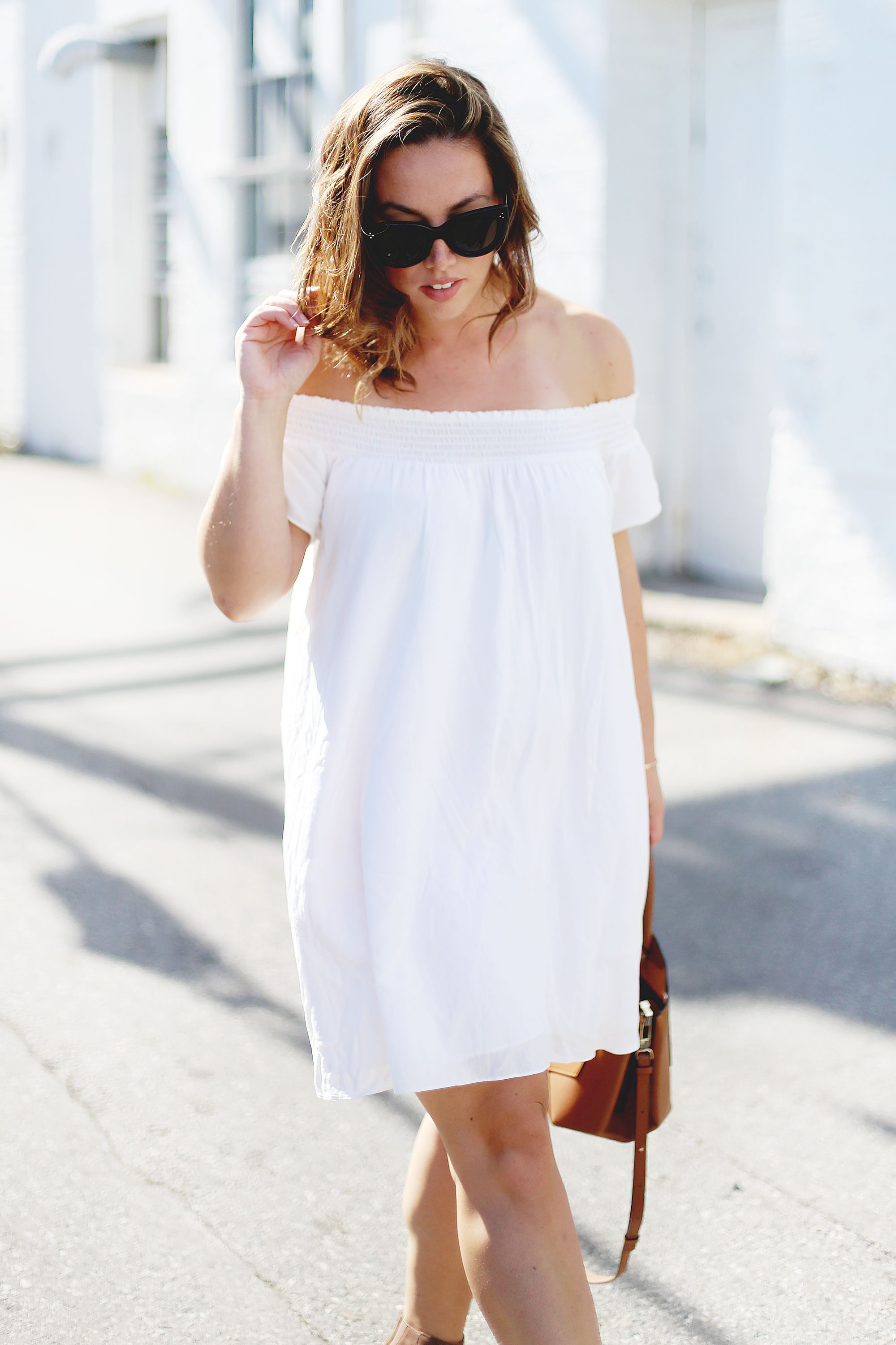 Off the shoulder dress styling