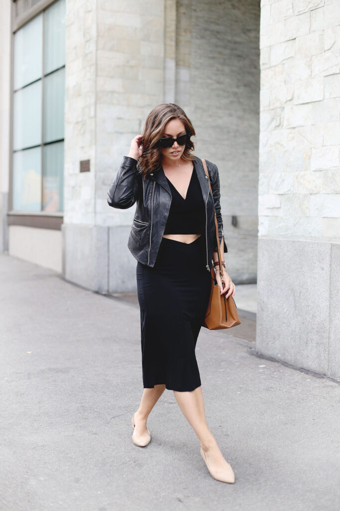 Crop top, midi skirt, leather jacket