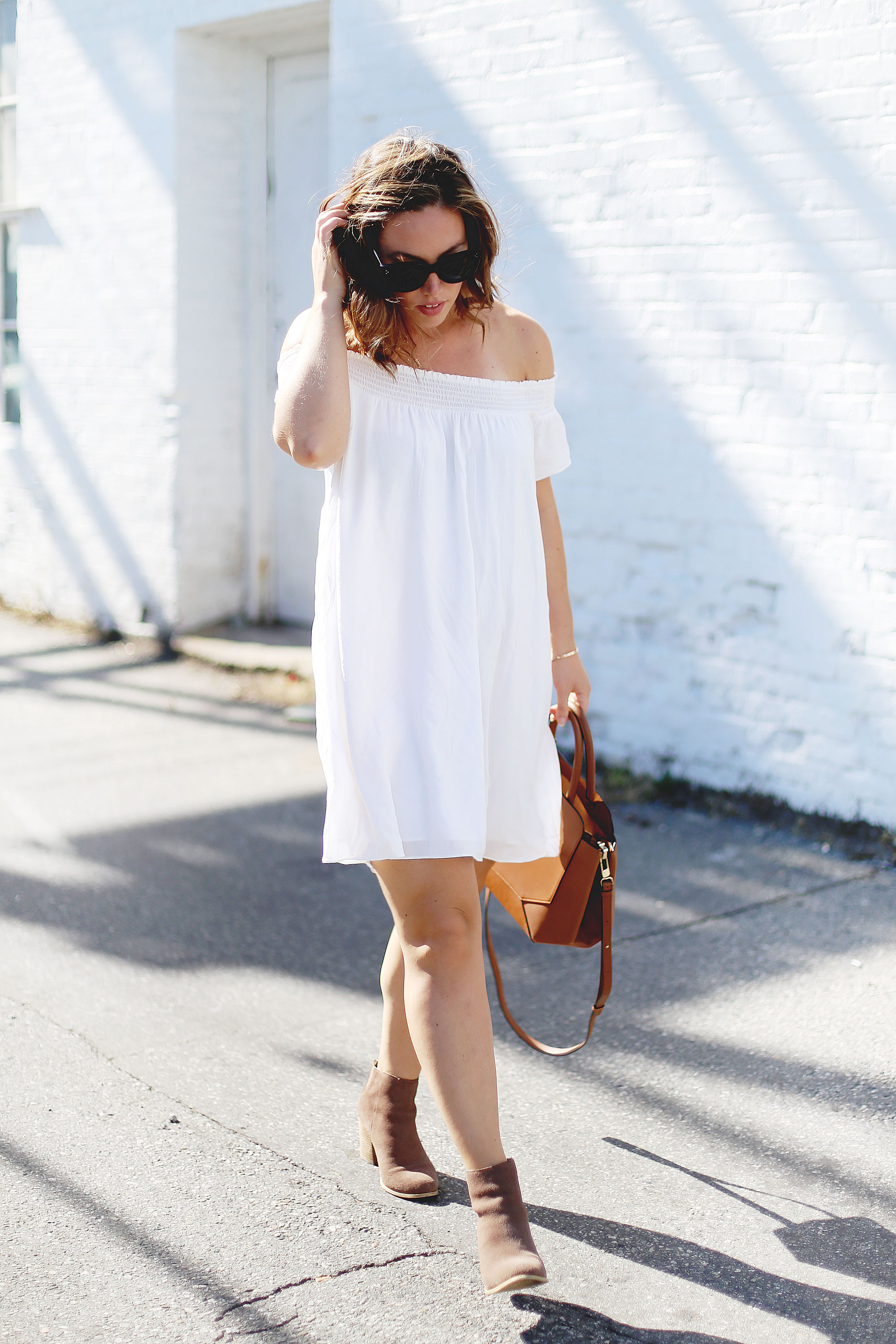 Off the shoulder dress styling