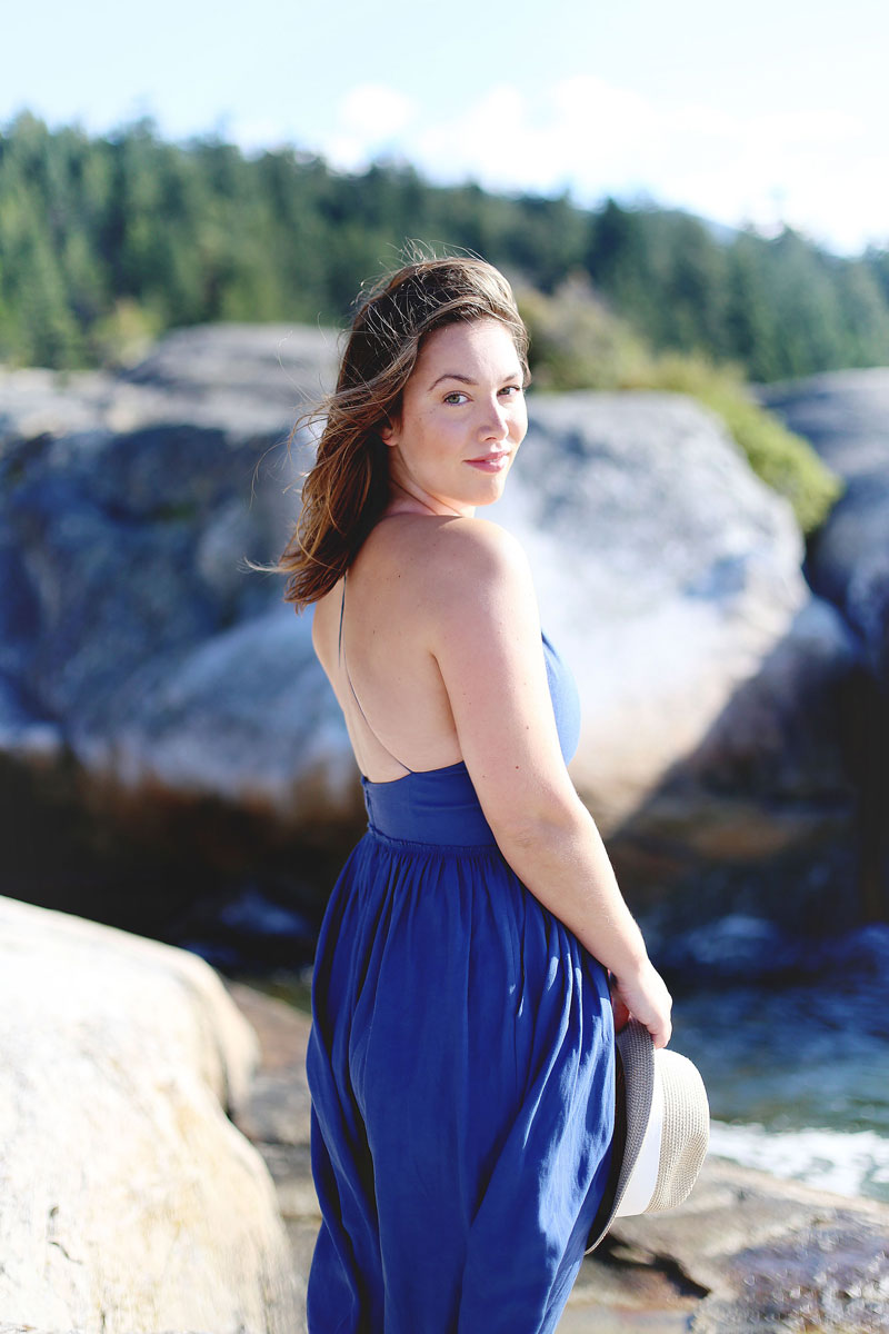 To Vogue or Bust wearing Wilfred by Aritzia dress at Lighthouse Park, Vancouver, Canada