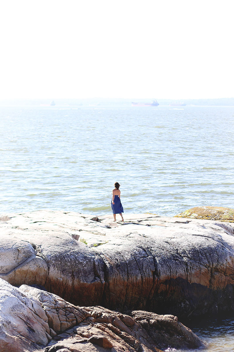 To Vogue or Bust wearing Wilfred by Aritzia dress at Lighthouse Park, Vancouver, Canada