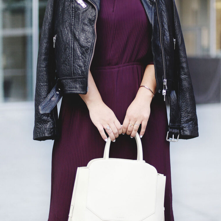 To Vogue or Bust shares details about the Aritzia warehouse sale 2016 in a Wilfred silk pleated dress, Mackage Rumer leather jacket, Aritzia Auxiliary Bega bag and black pumps.