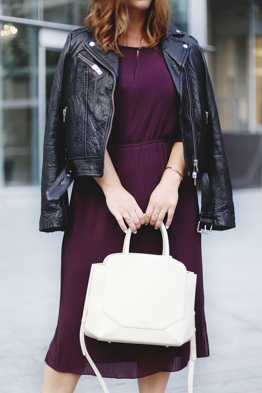 To Vogue or Bust shares details about the Aritzia warehouse sale 2016 in a Wilfred silk pleated dress, Mackage Rumer leather jacket, Aritzia Auxiliary Bega bag and black pumps.