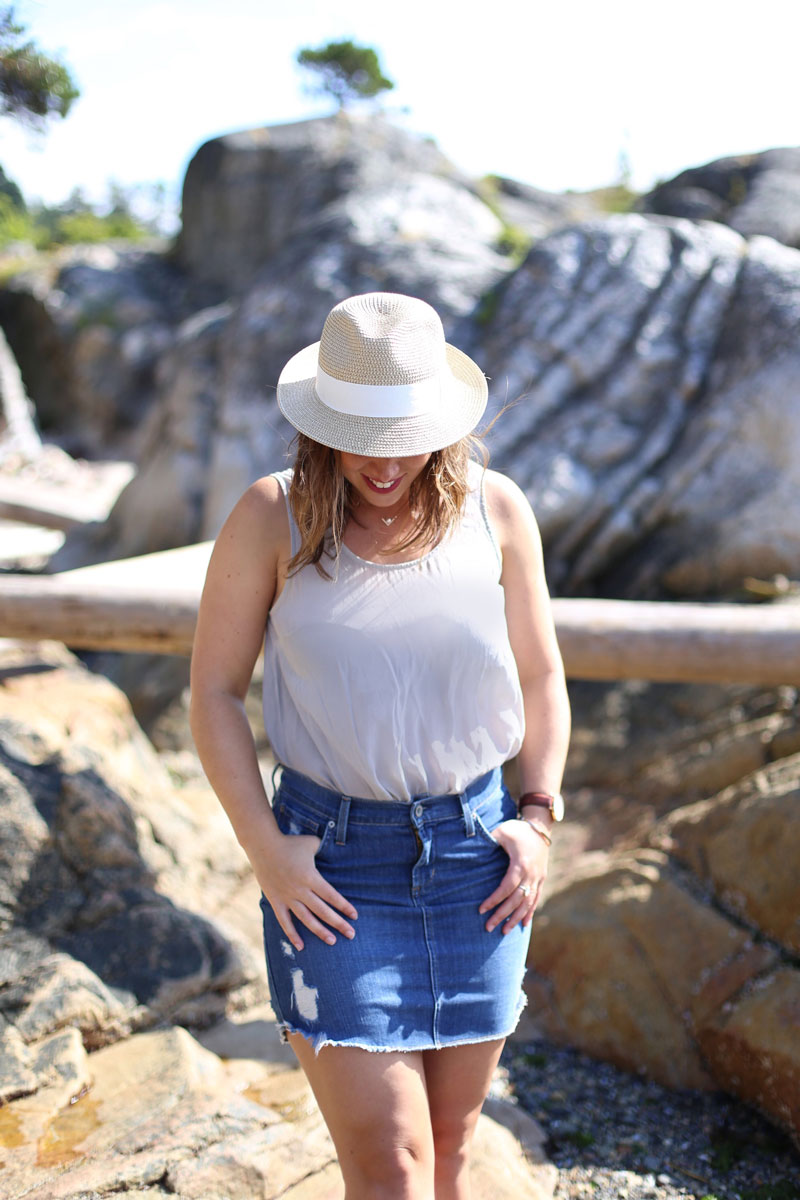 To Vogue or Bust breaks down how to wear a denim skirt in James Jeans denim skirt, Aritzia silk top, Aritzia straw hat and Grecian sandals