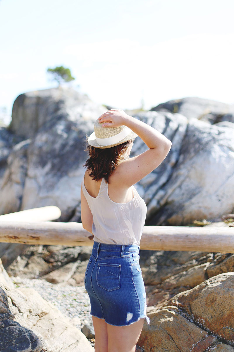 To Vogue or Bust breaks down how to wear a denim skirt in James Jeans denim skirt, Aritzia silk top, Aritzia straw hat and Grecian sandals