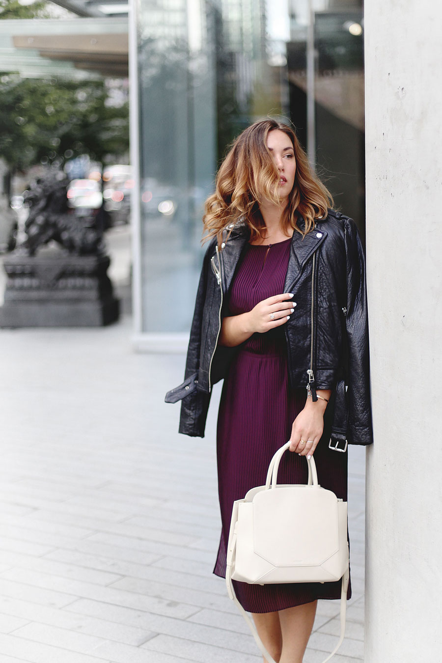 To Vogue or Bust shares details about the Aritzia warehouse sale 2016 in a Wilfred silk pleated dress, Mackage Rumer leather jacket, Aritzia Auxiliary Bega bag and black pumps.
