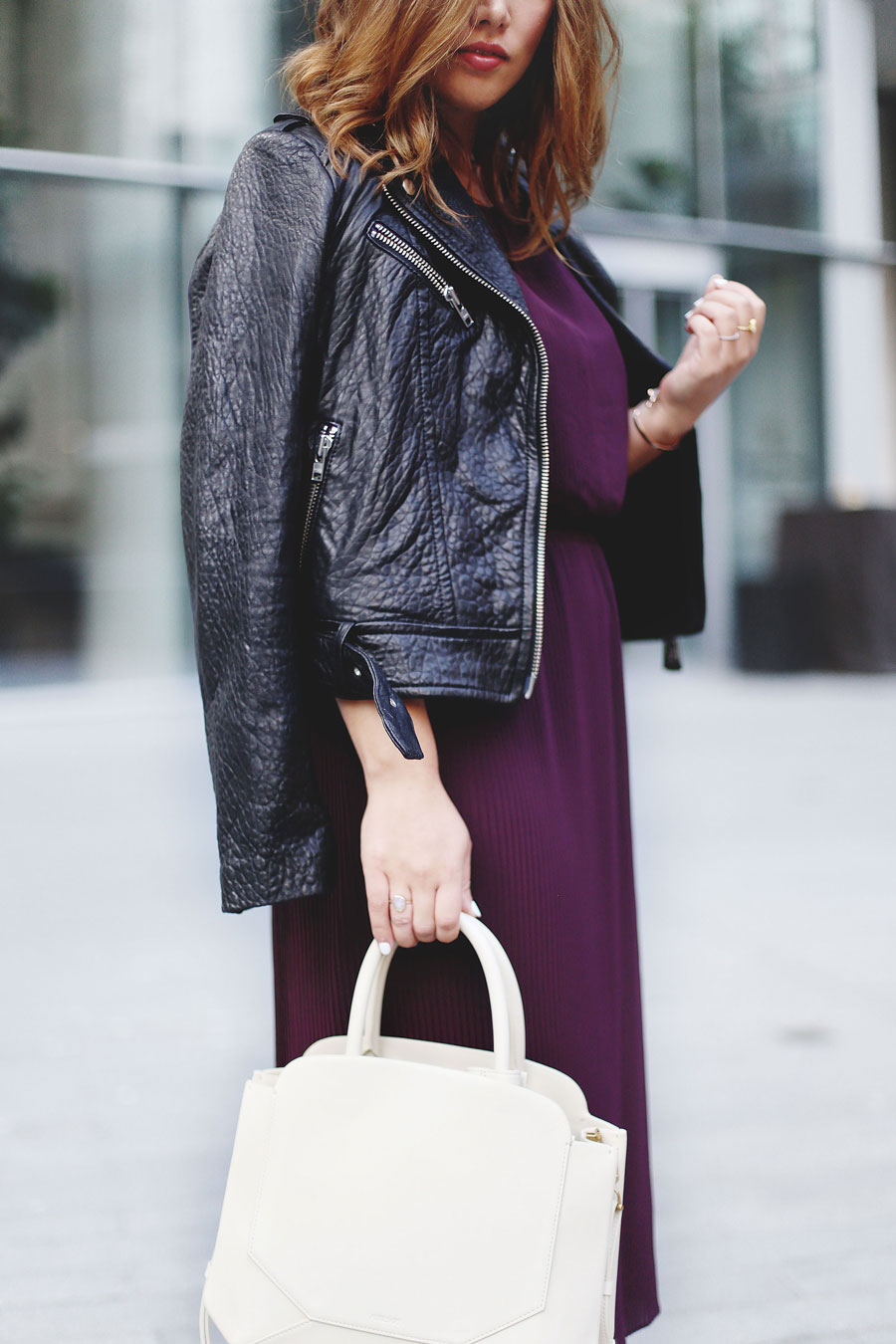 To Vogue or Bust shares details about the Aritzia warehouse sale 2016 in a Wilfred silk pleated dress, Mackage Rumer leather jacket, Aritzia Auxiliary Bega bag and black pumps.