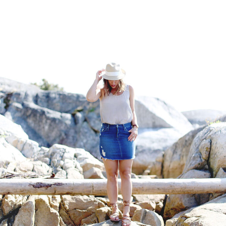 To Vogue or Bust breaks down how to wear a denim skirt in James Jeans denim skirt, Aritzia silk top, Aritzia straw hat and Grecian sandals