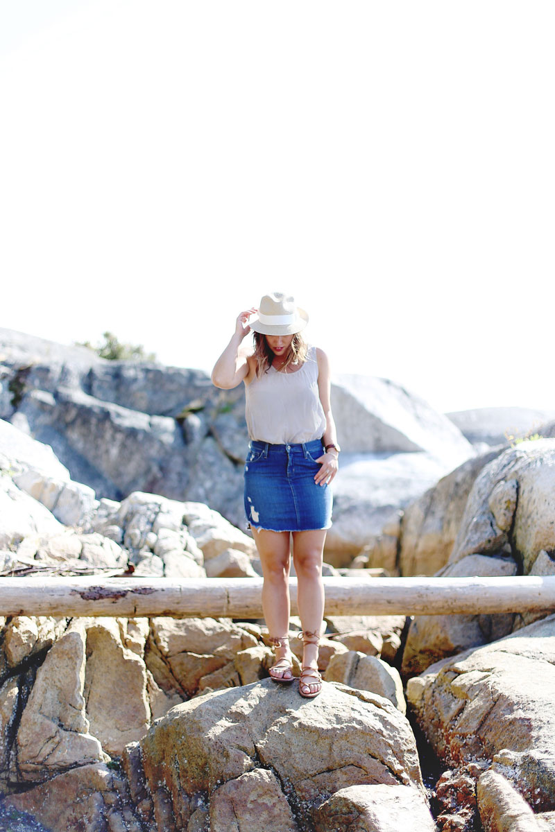 To Vogue or Bust breaks down how to wear a denim skirt in James Jeans denim skirt, Aritzia silk top, Aritzia straw hat and Grecian sandals