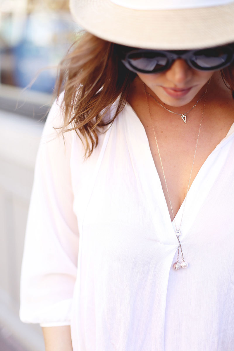 To Vogue or Bust in a Gentle Fawn sheer white blouse, Joe Fresh ripped denim shorts, Madewell leather tote, Swarovski jewelry and Aritzia straw hat