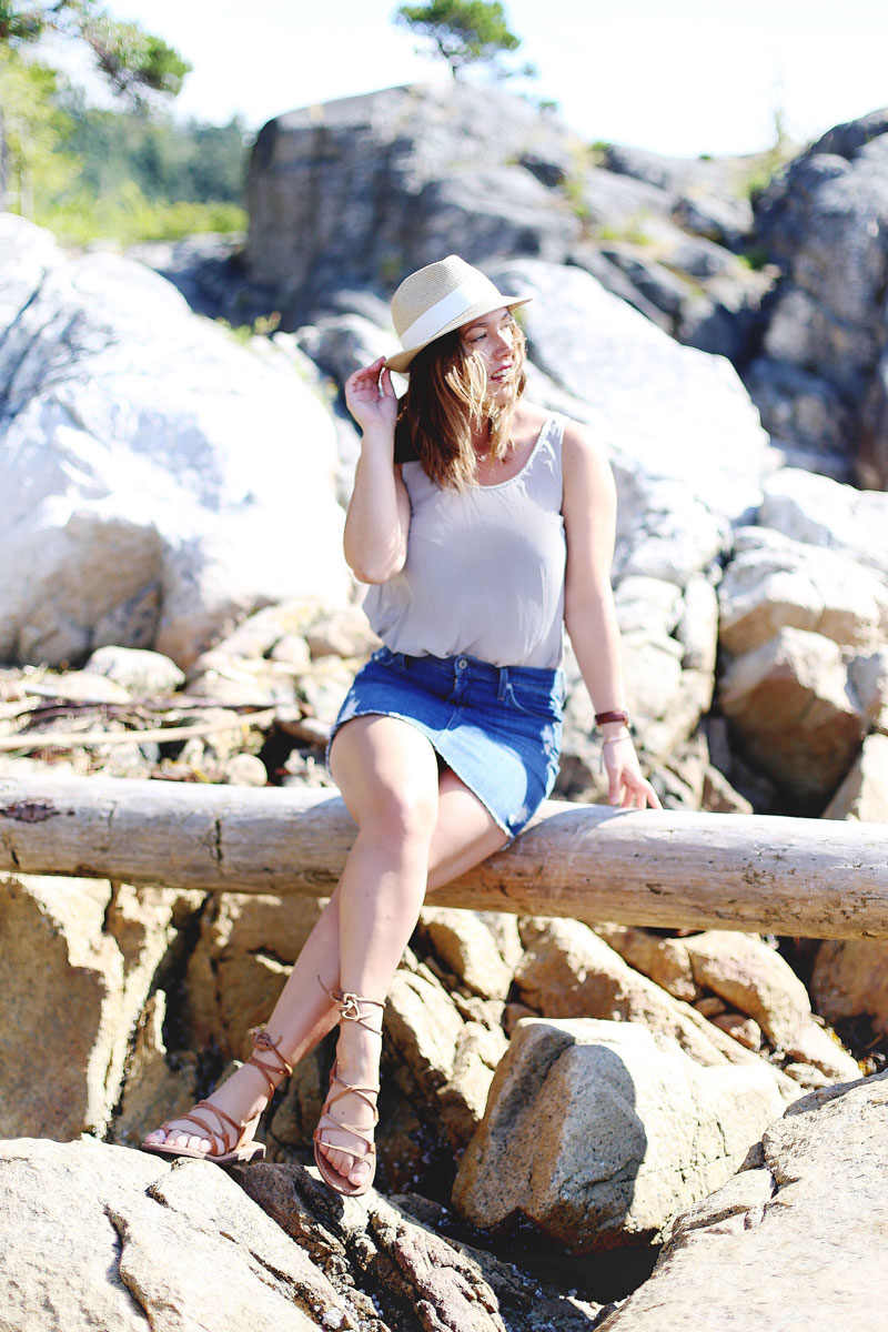 To Vogue or Bust breaks down how to wear a denim skirt in James Jeans denim skirt, Aritzia silk top, Aritzia straw hat and Grecian sandals