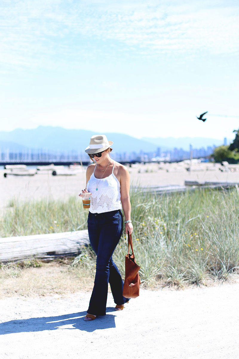 To Vogue or Bust in Mavi flared jeans, Urban Outfitters crochet top, Madewell leather bag, Aritzia straw hat at Jericho Beach in Vancouver