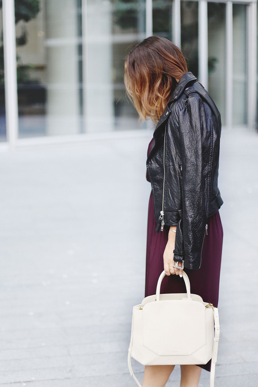 To Vogue or Bust shares details about the Aritzia warehouse sale 2016 in a Wilfred silk pleated dress, Mackage Rumer leather jacket, Aritzia Auxiliary Bega bag and black pumps.