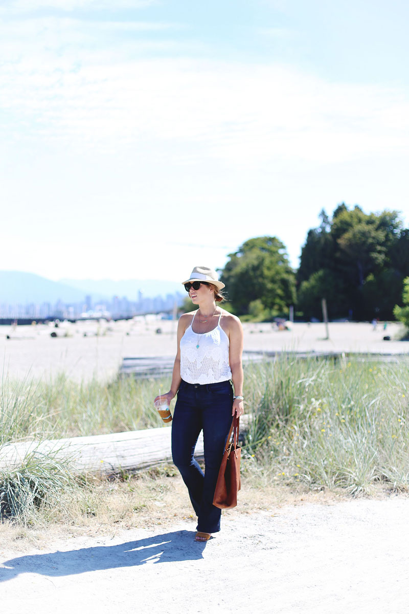 To Vogue or Bust in Mavi flare jeans, Urban Outfitters crochet top, Madewell leather bag, Aritzia straw hat at Jericho Beach in Vancouver