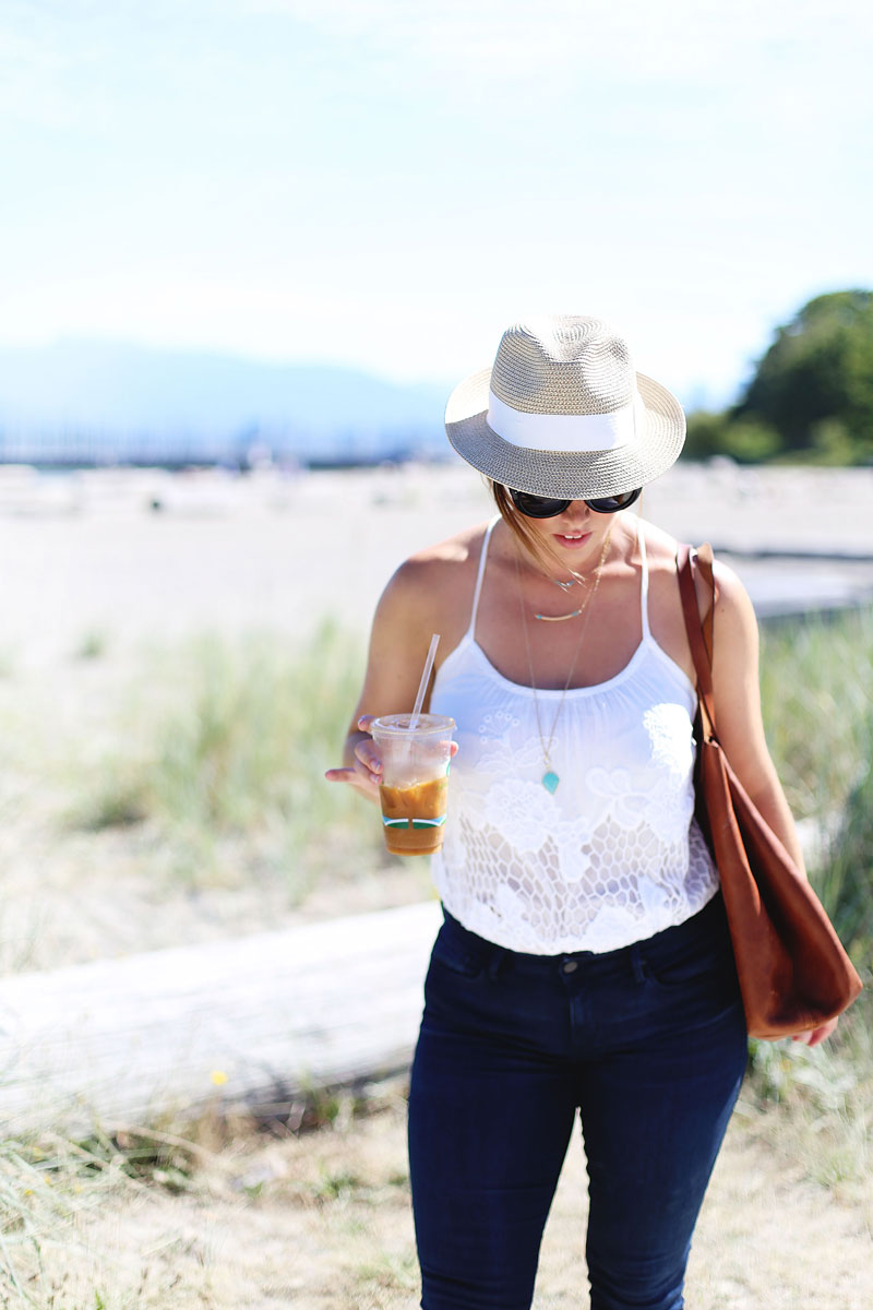 To Vogue or Bust in Mavi flare jeans, Urban Outfitters crochet top, Madewell leather bag, Aritzia straw hat at Jericho Beach in Vancouver