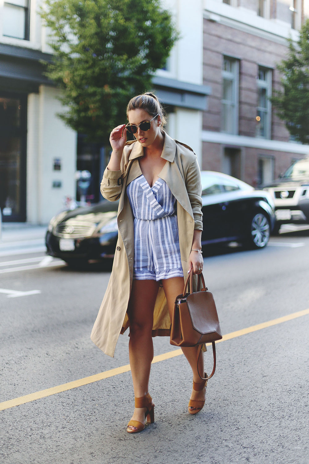 To Vogue or Bust shares fall transition style tips in a REVOLVE TULAROSA romper, Aritzia Wilfred trench coat, Aritzia Auxiliary Bega bag, Joie heels, Leah Alexandra jewelry and Ted Baker sunglasses