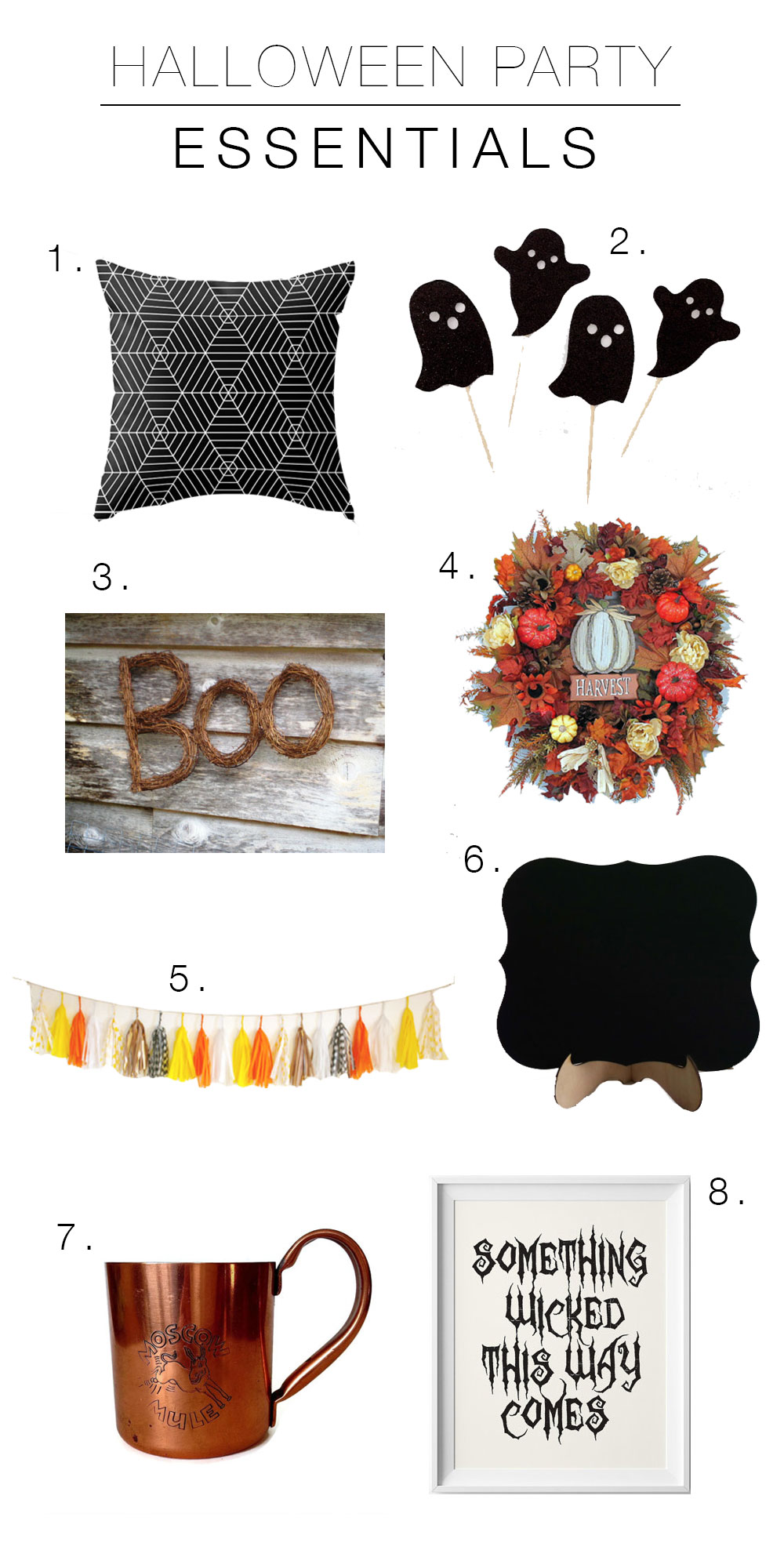 Halloween party hosting tips with Etsy products including copper cups, paper decorations and pumpkin styling