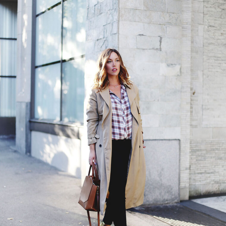 How to wear a plaid shirt in Gentle Fawn blouse, Hudson Jeans skinny jeans, Aritzia bega bag, Aritzia trench coat, Urban Outfitters ankle boots, Leah Alexandra jewelry, Daniel Wellington watch