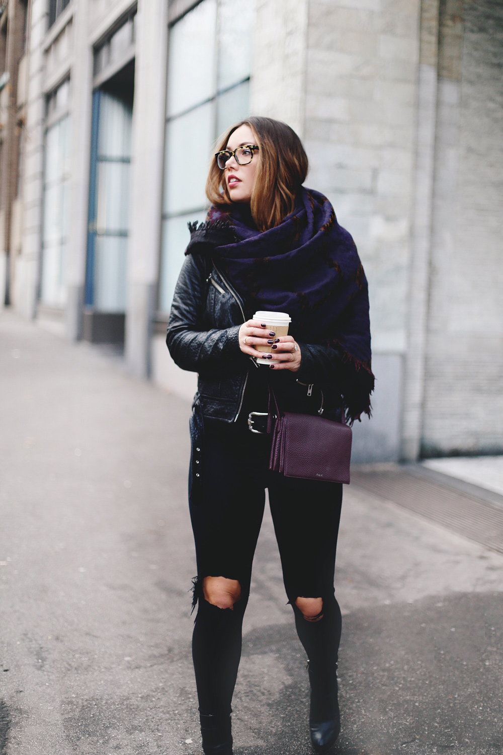 Tips to wear a blanket scarf on To Vogue or Bust in an Aritzia aztec print blanket scarf, James Jeans skinny jeans, Mackage leather jacket, Bailey nelson leather jacket, Aritzia leather bag, Frye ankle boots
