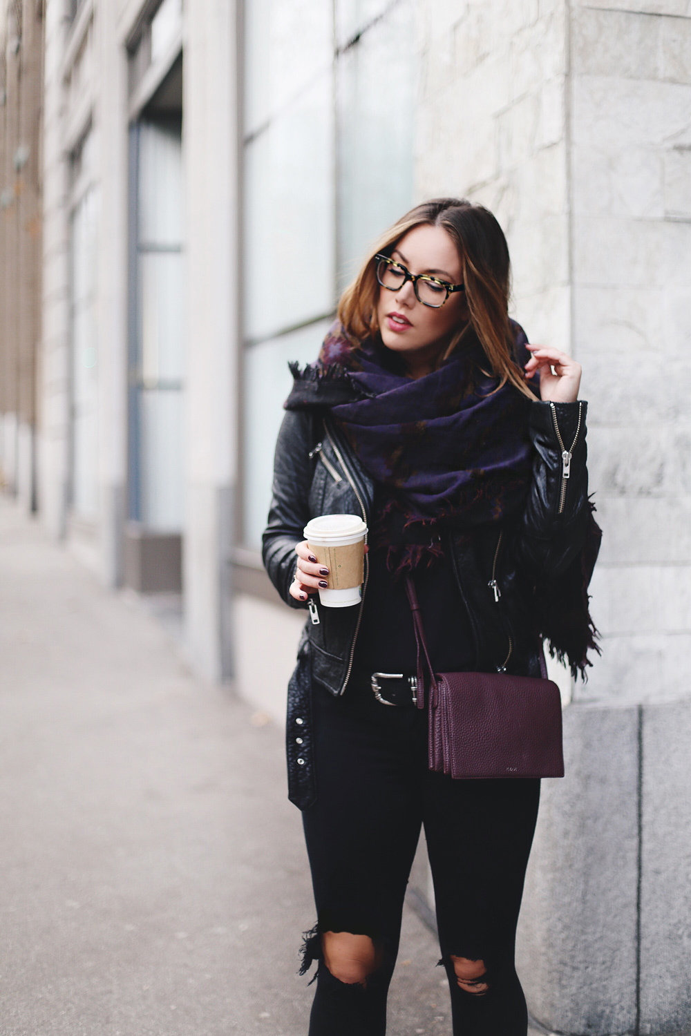 Tips to wear a blanket scarf on To Vogue or Bust in an Aritzia aztec print blanket scarf, James Jeans skinny jeans, Mackage leather jacket, Bailey nelson leather jacket, Aritzia leather bag, Frye ankle boots