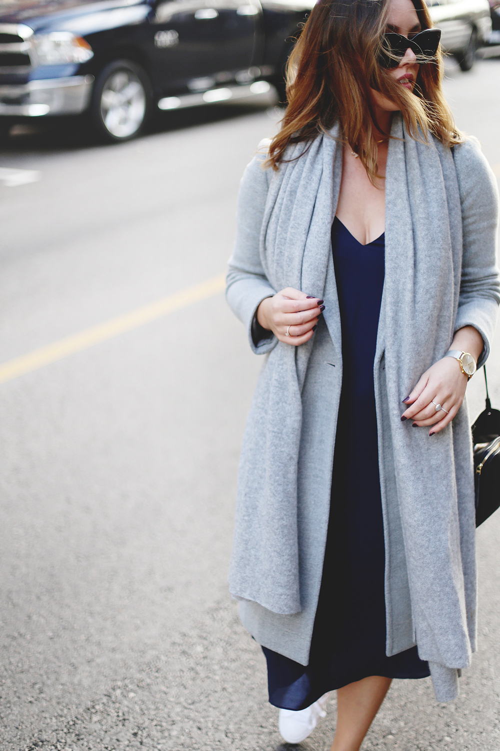 How to wear Converse sneakers with a dress in an Aritzia dress, White + Warren cashmere travel wrap, Converse white sneakers, Celine sunglasses styled by To Vogue or Bust