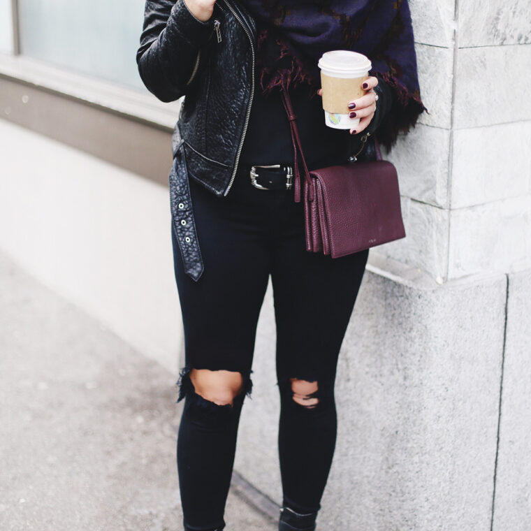 Tips to wear a blanket scarf on To Vogue or Bust in an Aritzia aztec print blanket scarf, James Jeans skinny jeans, Mackage leather jacket, Bailey nelson leather jacket, Aritzia leather bag, Frye ankle boots