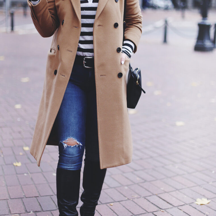 To Vogue or Bust shares camel coat outfit ideas in a camel Aritzia wilfred coat, Mavi skinny jeans, striped Gentle Fawn top, La Canadienne boots and Celine sunglasses in Gastown, Vancouver