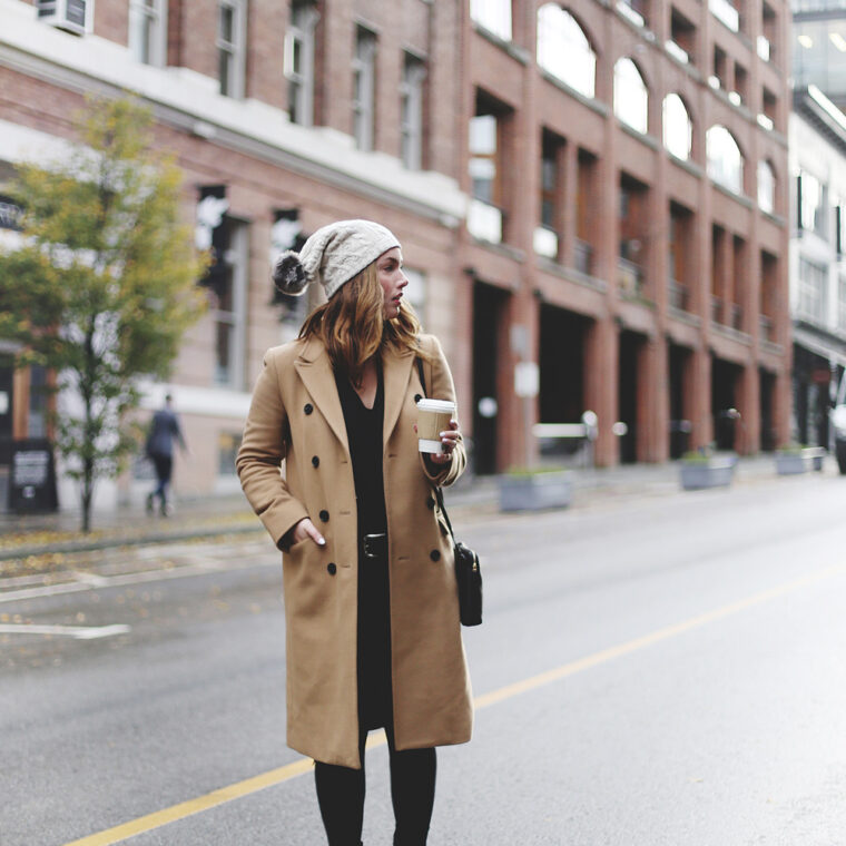 To Vogue or Bust shares ways to style your converse sneakers in white Converse All Stars, Aritzia camel coat, James Jeans black skinny jeans, Aritzia black leather bag and a Tilley Hats beanie